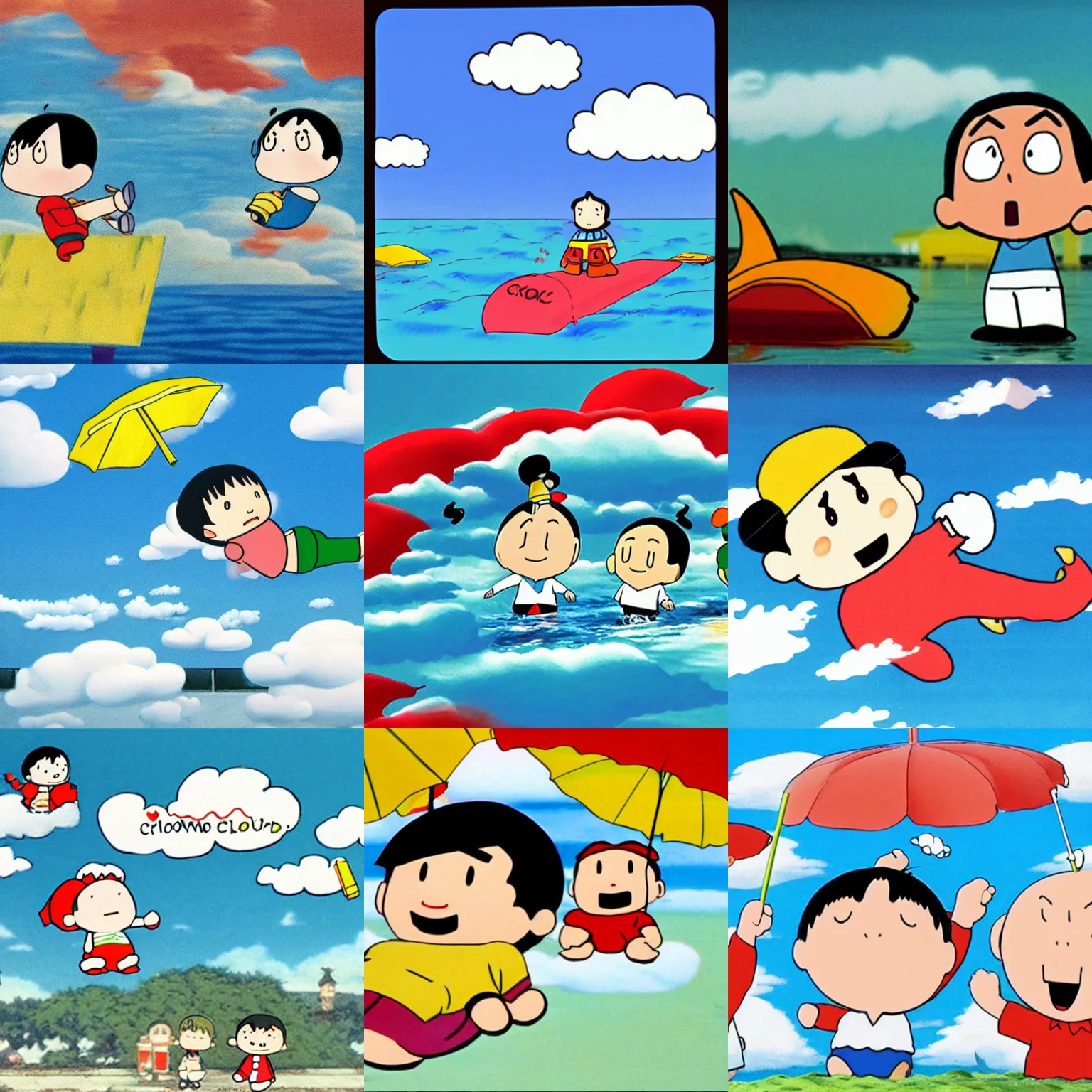 Prompt: Crayon Shin-chan swimming in the cloud