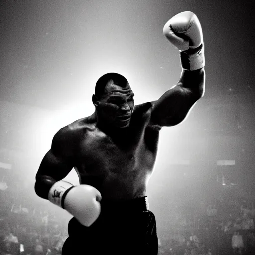 Image similar to mike tyson in a boxing arena, smoky background, rim backlighting