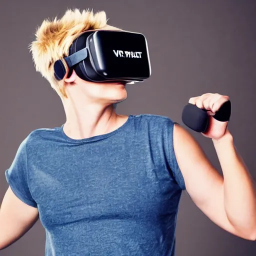 Prompt: short skinny wrestler in a t - shirt and jeans, short blonde hair, wearing a vr headset,