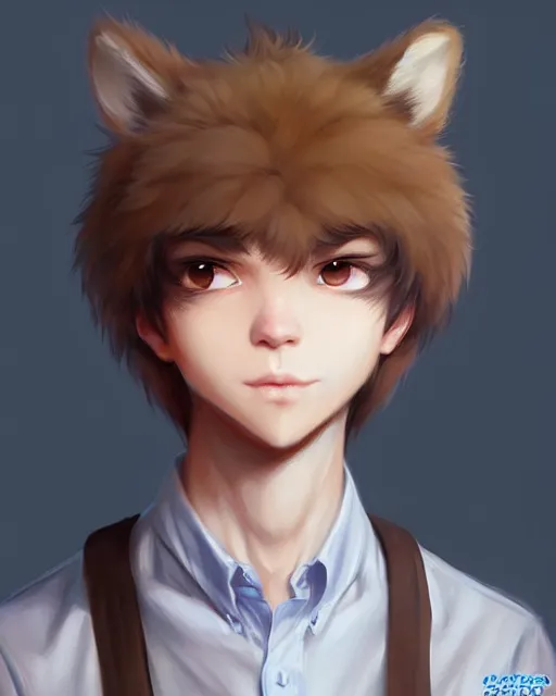 Image similar to character concept art of a cute young male anthropomorphic furry | | cute - fine - face, pretty face, key visual, realistic shaded perfect face, fine details by stanley artgerm lau, wlop, rossdraws, james jean, andrei riabovitchev, marc simonetti, and sakimichan, trending on artstation