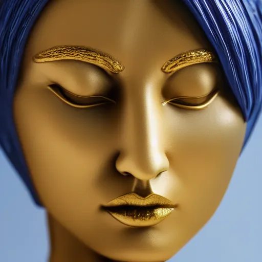 Image similar to a statue of a gorgeous woman made from blue marble with white and gold veins, by michelangelo, close up, face only, portrait, bright lights, bright render, octane render, corona render