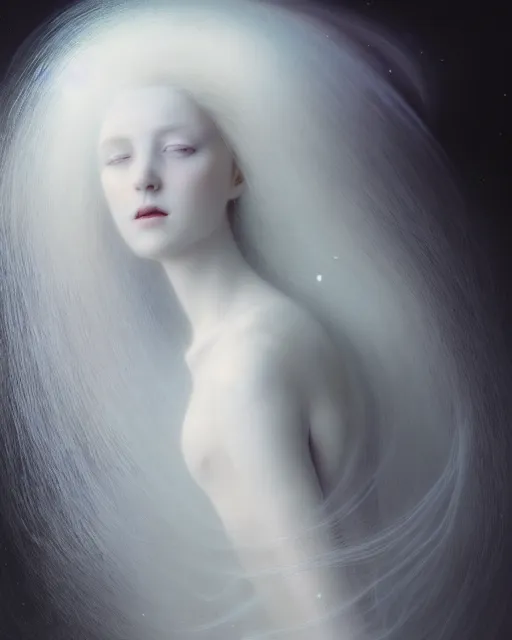 Image similar to soft, delicate, dreamy, dramatic, subsurface scattering, white, young beautiful goddess in cosmos with very long white hair floating in air, fluid smoke art, black and white, octane render, dino valls, mark ryden, joe fenton, michal karcz, highly detailed, rim light, art, cinematic lighting, very coherent, hyper realism, 8 k