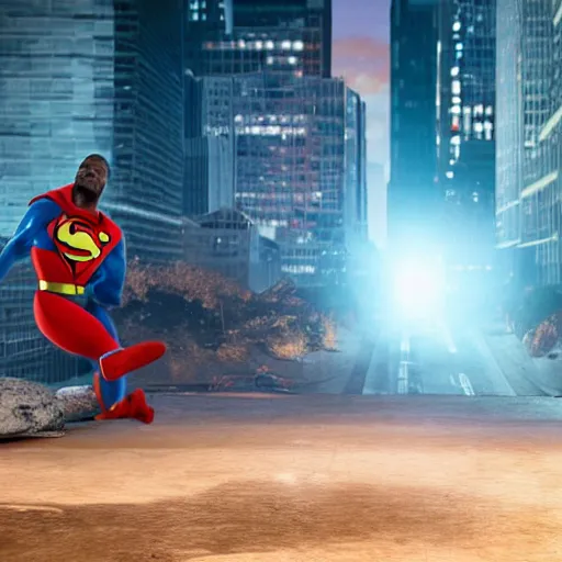 Image similar to kevin hart beating up the rock in a superman costume, octane render, hyperdetailed