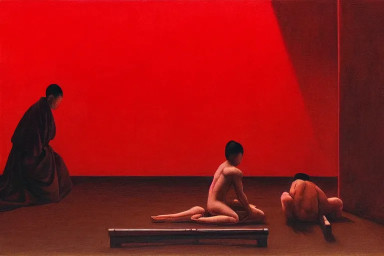 Image similar to only with red, a red samurai do seppuku, tokio, a lot of frogs watch, in the style of beksinski, parts by edward hopper, parts by rodcenko, parts by yue minjun, intricate and epic composition, red by caravaggio, insanely quality, highly detailed, masterpiece, red light, artstation, 4 k