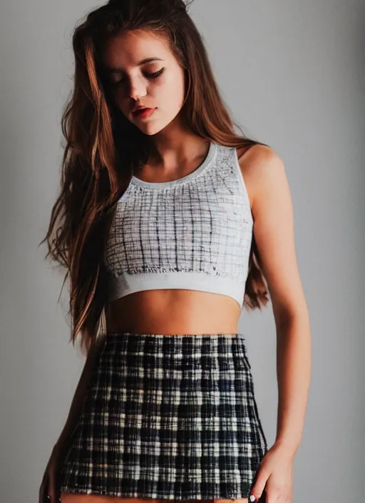 Image similar to gorgeous teen girl in plaid mini skirt and crop top tank top, beautiful face, intricate, extremely detailed, modeling photography, 8 0 mm camera, dramatic lighting, dark room, body and face