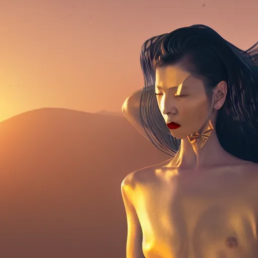 Image similar to giesha demon, innovative avant-garde art, deco fashion, asian women, highly detailed, photorealistic portrait, serene desert setting, golden hour, crisp quality and light reflections, octane render