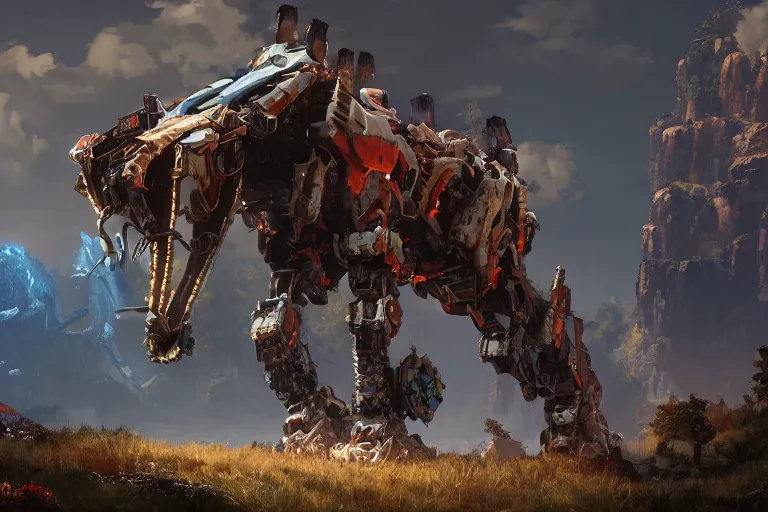 Image similar to grimhorn fanghorn machine mecha animal beast robot of horizon forbidden west horizon zero dawn bioluminiscence global illumination ray tracing hdr fanart arstation by sung choi and eric pfeiffer and gabriel garza and casper konefal