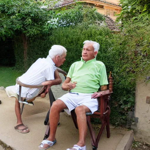 Image similar to mid white hair old man tanned skin with green shirt and white short, sitting in ile de re house garden