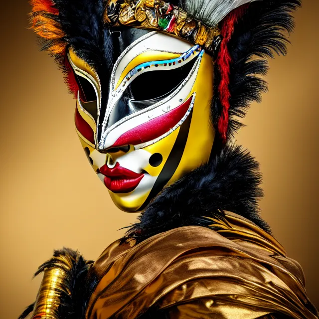 Prompt: photo of a beautiful!! harlequin warrior with venetian mask highly detailed 8 k hdr smooth sharp focus high resolution award - winning photo photorealistic