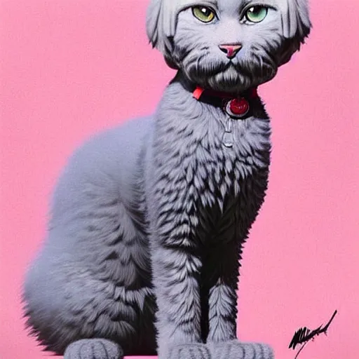 Image similar to a cute goldendoodle with tilted head and a fluffy grey cat, focus close on eyes, eighties holographic art by ilya kuvshinov monet range murata artgerm katsuhiro otomo norman rockwell, highly detailed intricately sharp focus, trending on pinterest vogue italia unreal engine