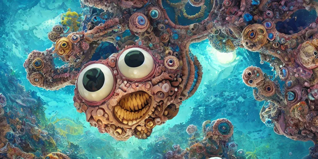 Image similar to of an intricate sea reef with strange cute friendly happy creatures with huge eyes, mouth, long tongue, round teeth and goofy face, appearing from the background, in the style of gehry and gaudi, macro lens, shallow depth of field, ultra detailed, digital painting, trending artstation, concept art, illustration, cinematic lighting, photorealism, epic, octane render