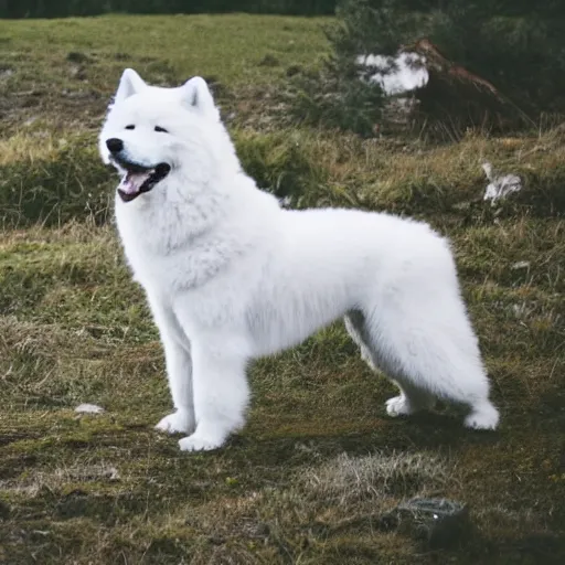 Image similar to samoyed camping, cinematic lighting,