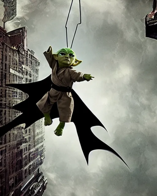 Image similar to epic action still of baby yoda wearing batman outfit as batman hanging upside - down from building in atmospheric alleyway in the style of batman the dark knight rises