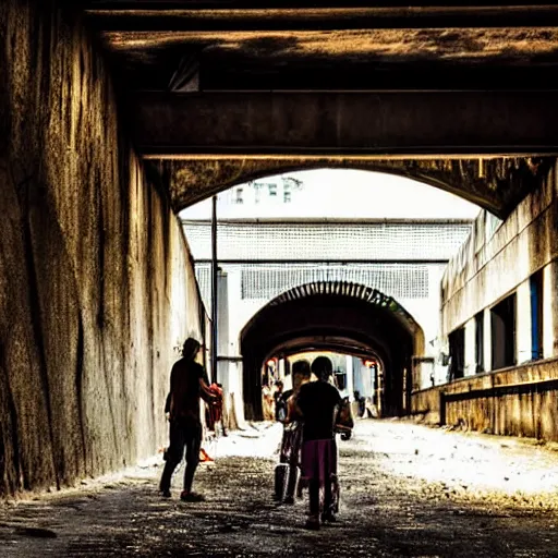 Prompt: poor people life under railway bridge, award winning, realistic, 2 0 0 0 p, hyper details, by steve mccury, best on adobe stock, cinematic, detailed place and people, 3 5 mm lens