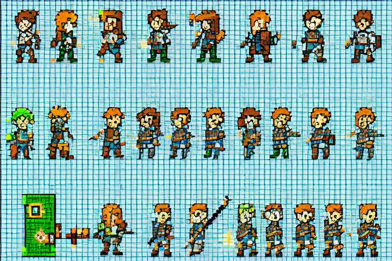 Image similar to pixel art link in the style of breath of the wild. sprite sheet, character design # pixelart