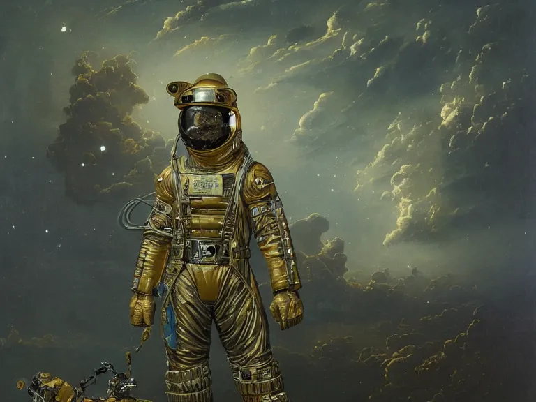 Image similar to a detailed profile oil painting of a soldier in a spacesuit with reflective helmet, advanced technology flight suit, portrait symmetrical and science fiction theme with aurora lighting clouds and stars by beksinski carl spitzweg and tuomas korpi. baroque elements, full-length view. baroque element. intricate artwork by caravaggio. Trending on artstation. 8k