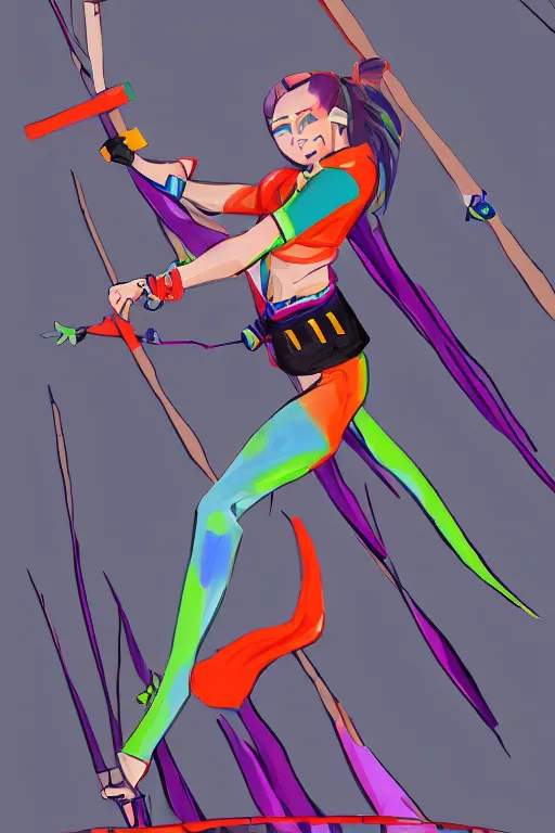 Image similar to female ninja warrior, colorful clothes, wielding short katana, wind in the hair, overcast weather, digital painting, trending on artstation