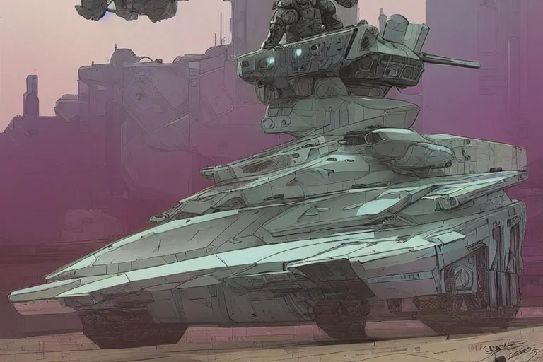 Image similar to comic book illustration, an android soldier sits on the turret of a futuristic tank, cyberpunk concept art by josan gonzales and Moebius, highly detailed, intricate, sci-fi, sharp focus, Trending on Artstation HQ, deviantart