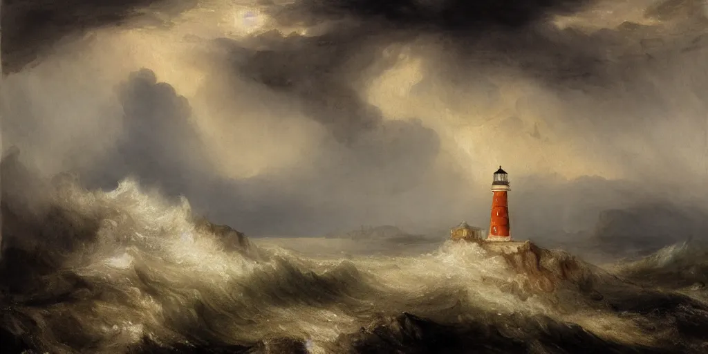 Image similar to a watercolor painting of a single lighthouse in a small rocky island during a violent storm by william turner, high quality, highly detailed, digital painting, masterpiece, turbulent sea, dramatic lighting, cinematic, centered, watercolor, william turner style, 4 k