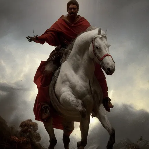 Prompt: a masterpiece matte painting of a man riding on a white horse with eyes like flames!, many crowns!! upon his head, a robe dipped in blood!, by gustav dore and paul barson, 8 k, uhd, cgsociety, trending on artstation,