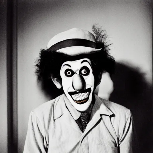 Prompt: portrait of a clown by Diane Arbus, 88mm, black and white photography