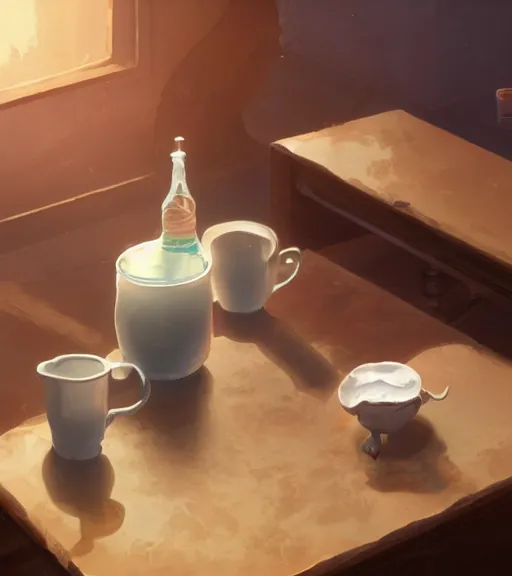 Image similar to highly detailed spilled milk on the table, unreal engine, loish, rhads, makoto shinkai and tom bagshaw, reflective global illumination, god rays, detailed and intricate environment