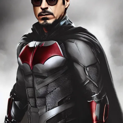 Image similar to robert downey jr in batman suit, portrait hd, without helmets, clear face, 4 k