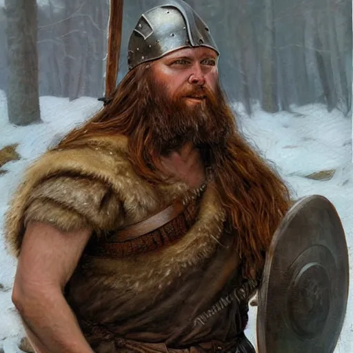 Image similar to realistic portrait painting of viking barbarian, winter, epic, gwent, steve huston style newell convers wyeth,