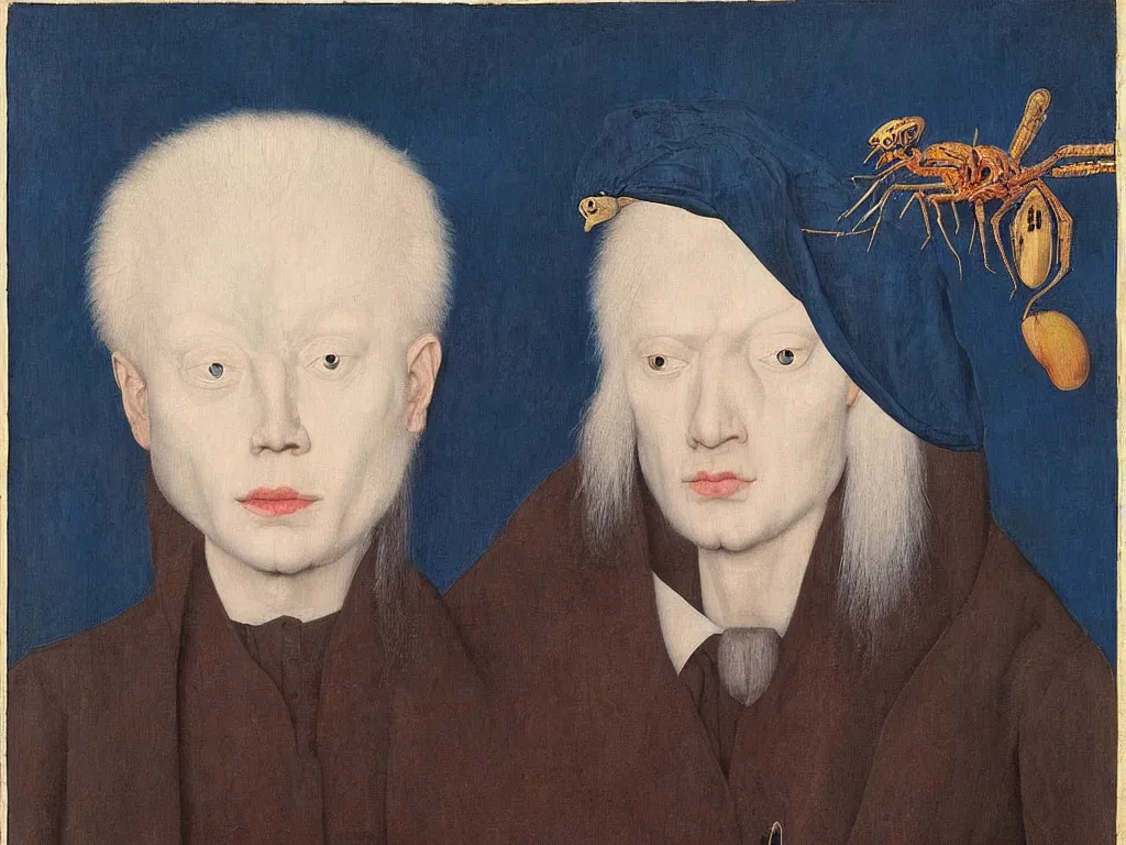 Prompt: portrait of albino mystic with blue eyes, with beautiful exotic spider. Painting by Jan van Eyck, Audubon, Rene Magritte, Agnes Pelton, Max Ernst, Walton Ford