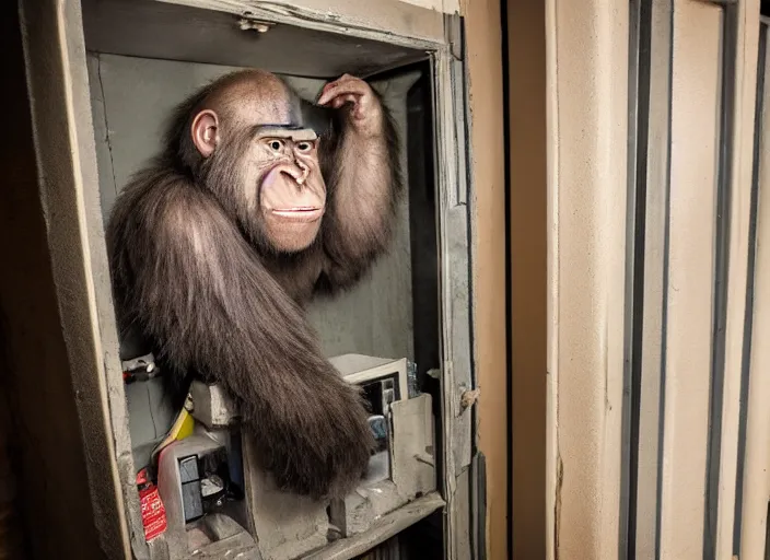 Image similar to scary half human half ape inside fuse box in post communist apartment building