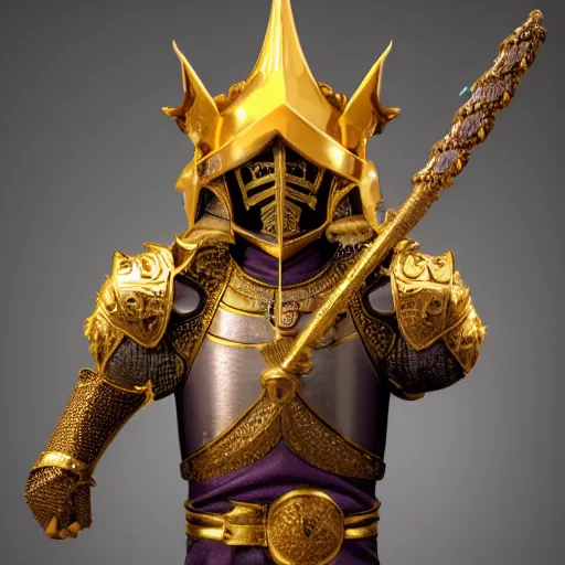 Prompt: a highly detailed knight with glowing purple eyes in a golden helmet and a golden crown with a diamond in the center, golden armor, leather clothes under the armor, leather gloves, holds a black sword, artstation, DeviantArt, professional, octane render, sunset lighting