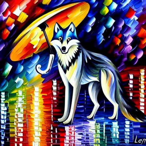 Image similar to wolf with hat and umbrella in the rain, by leonid afremov