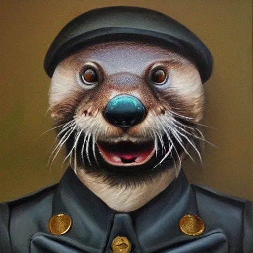 Image similar to oil painting of an anthropomorphic otter in military uniform, amazing detail, hyper realism,