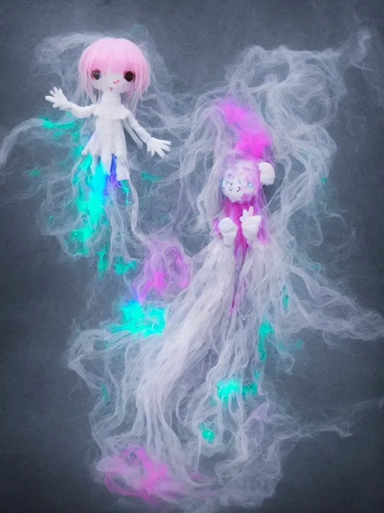 Image similar to cute fumo plush smiling ectoplasmic jellyfish ghost girl waving in deep fog over mysterious reflective waters, patchwork doll chibi gothic maiden in tattered melting rags, glowing pink wisps of hazy green smoke and eerie blue volumetric fog swirling about, moonlight, glowing lens flare, black and white, reflective refractive optics, vray