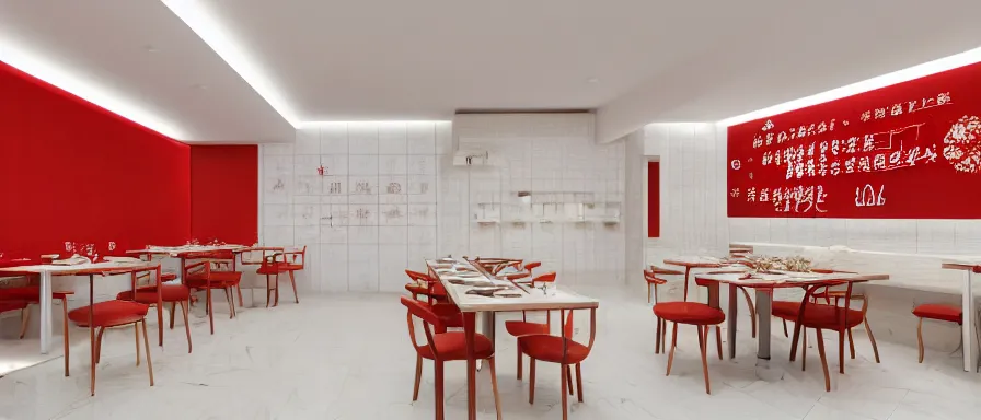 Image similar to a beautiful simple interior render of small roasted string hotpot restaurant restaurant yan'an, wall corner, from china, red paper wall and white tile floor, rectangle white porcelain table, fine simple delicate structure, chinese style, simple composition, simple style structure decoration design, victo ngai, 4 k hd