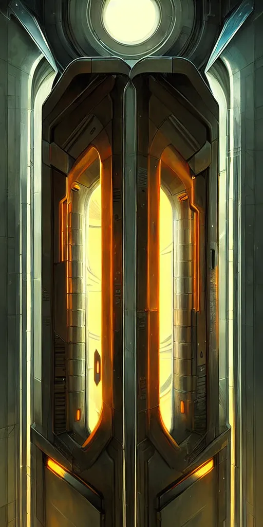 Prompt: hyper realistic art - deco!!!! sci - fi double door by jordan grimmer, darek zabrocki