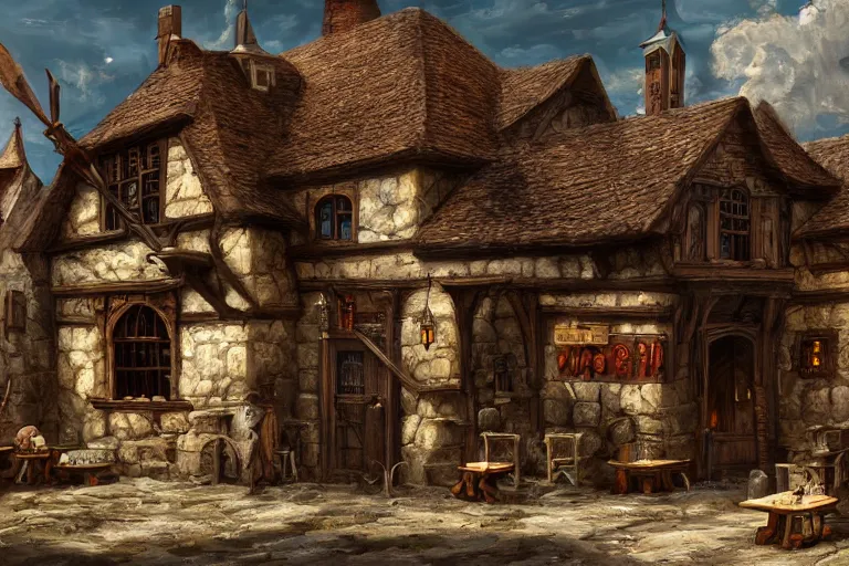 Image similar to A medieval tavern viewed from the outside, texture, intricate, details, highly detailed, masterpiece, architecture, building, trending on artstation, focus, sharp focus, concept art, digital painting, fantasy, sunny, day, midday