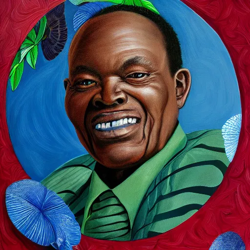 Image similar to a painting of a round face, XXL, happy, Loving, caring, generous, ever-present, humble, wise elder from Kenya in a suit by Kehinde Wiley . Fatherly/daddy, focused, loving, leader, relaxed,. ethereal lights, details, smooth, sharp focus, illustration, realistic, cinematic, artstation, award winning, rgb , unreal engine, octane render, cinematic light, macro, depth of field, blur, red light and clouds from the back, highly detailed epic cinematic concept art CG render made in Maya, Blender and Photoshop, octane render, excellent composition, dynamic dramatic cinematic lighting, aesthetic, very inspirational, arthouse.