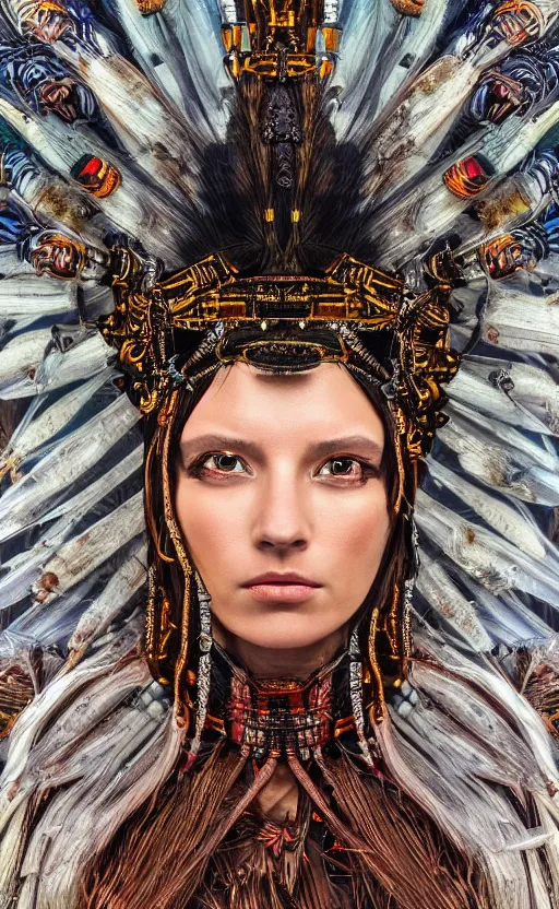 Image similar to native chieftain queen, piercing glowing eyes, elegant, fashion, vogue poses, striking composition, highly detailed ornate sci fi background, vivid details, amalgamation of nature and technology, wires, glowing tubes, beautiful composition, painting in the style of sandro botticelli, caravaggio, albrecth durer, 8k