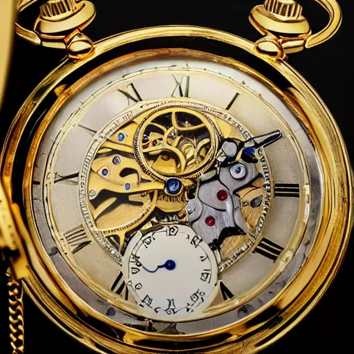 Prompt: close up photo of a gold pocket watch, high detail, complex,