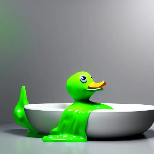 Prompt: rubber duck made of green slime melting on a bathroom, octane render, unreal engine, excellent composition, trending on artstation, million of likes