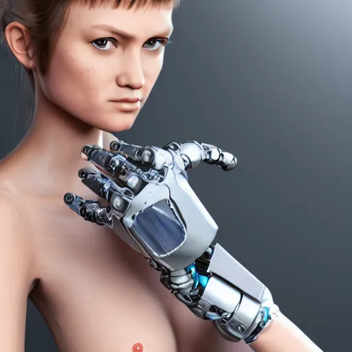 Prompt: a girl with cybernetic arm, closup, hyper realistic, ultra details, 4k, real photo,