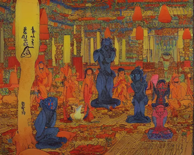 Image similar to Strange beings gathering inside the temple. Yves Tangyu.