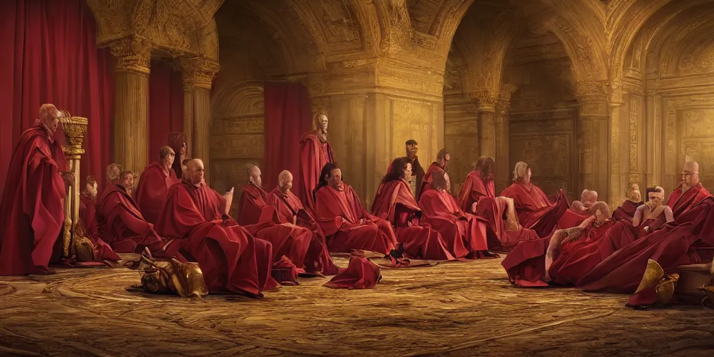 Image similar to beautiful oil matte portrait painting, ancient senators in royal crimson robes sit in tribunes, highly detailed, beautiful cinematic light deep focus, elegant, digital painting, smooth, sharp focus, golden ratio, dramatic illumination, art by aleksi briclot, rutkowski and caravaggio