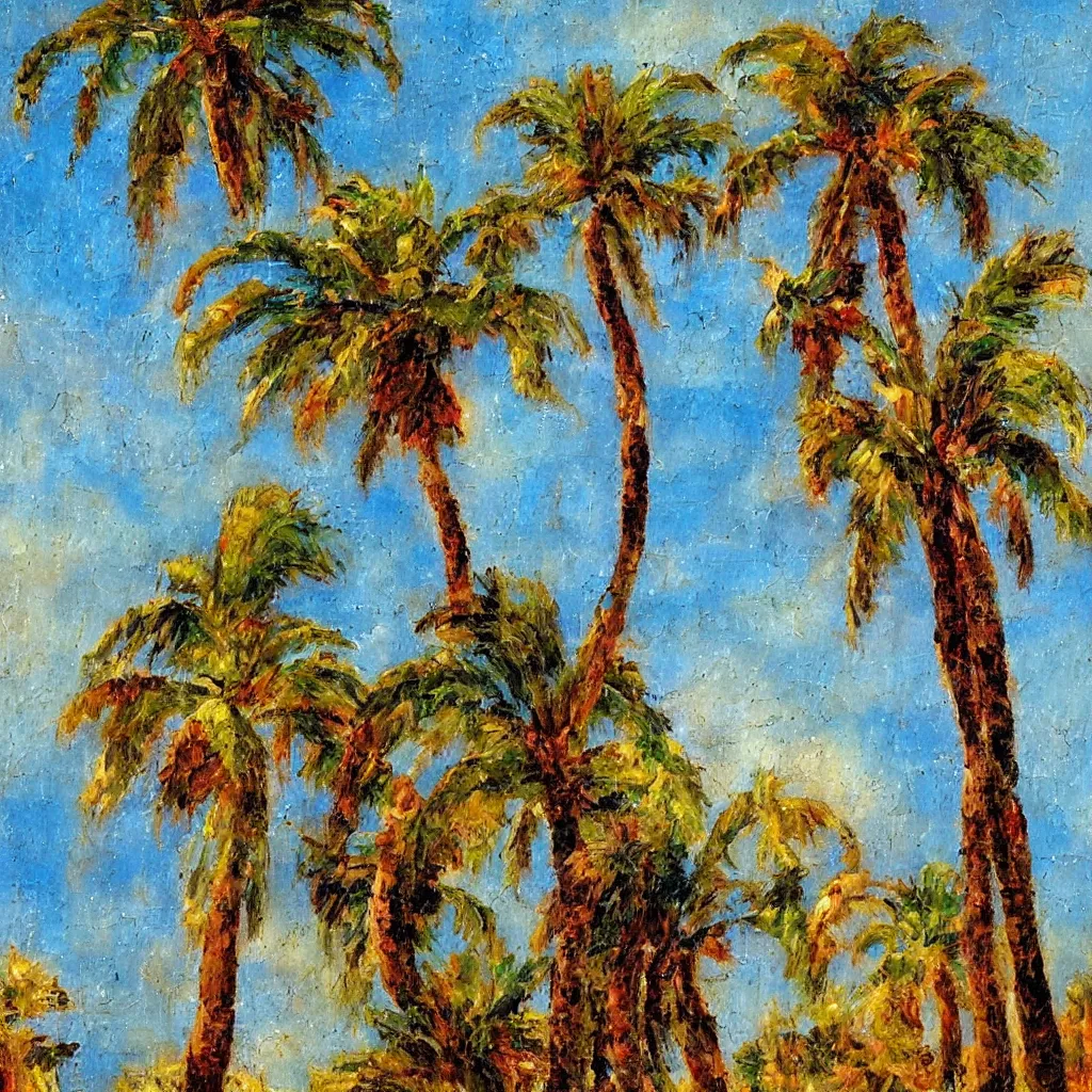 Image similar to a palm tree painted in the style of the old masters, painterly, thick heavy impasto, expressive impressionist style, painted with a palette knife