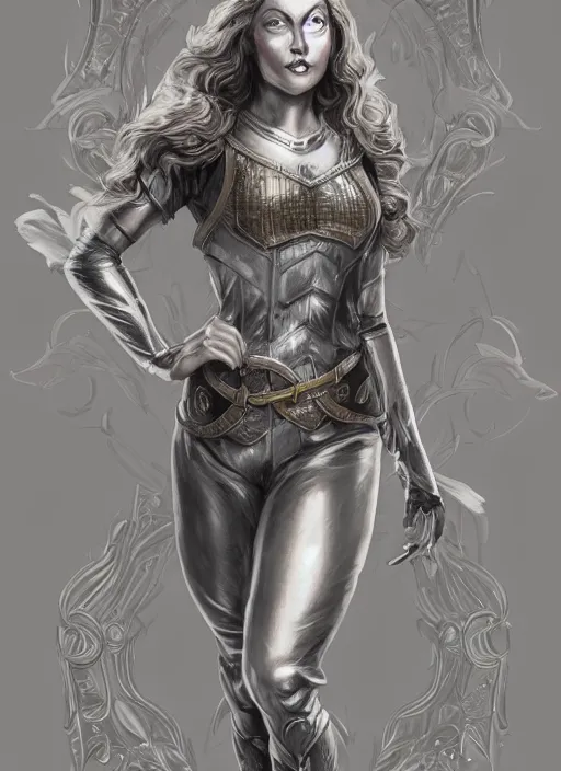 Image similar to beautiful female dorothy gale, rebecca romijn as dorothy, full body character concept, covered in full beautiful silver armor, art nouveau, super powers, fantasy, intricate, elegant, highly detailed, digital painting, artstation, concept art, shining, sharp focus, illustration, art by stanley lau