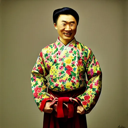 Prompt: realistic photography by araki nobuyoshi of wearing traditional ukrainian shirt designed by taras shevchenko. smiling kim chen in