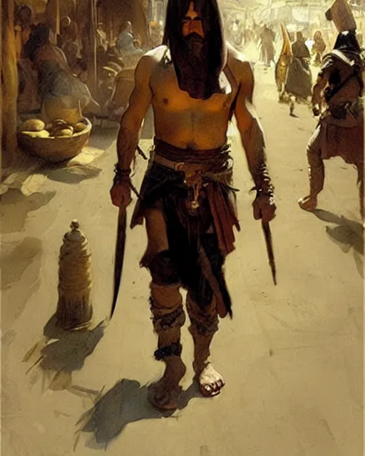 Prompt: fantasy concept art by anders zorn depicting colin farrell as an ancient egyptian rogue walking through a busy oriental market