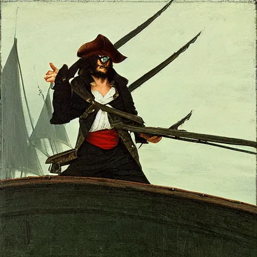 Image similar to pirate wearing an eyepatch, ship, digital oil paint, by caspar david friedrich