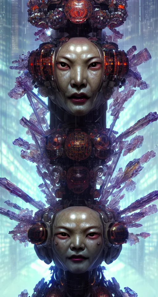 Image similar to asura from chinese myth, ghost, gorgeous and huge head ornaments, dystopian, cyberpunk, organic fractal mycelum and fungi, mecha, halfturn portrait of a big crystal face made of crystals half - turn, ominous, intricate, studio, art by anthony macbain + greg rutkowski + alphonse mucha, concept art, 4 k, sharp focus